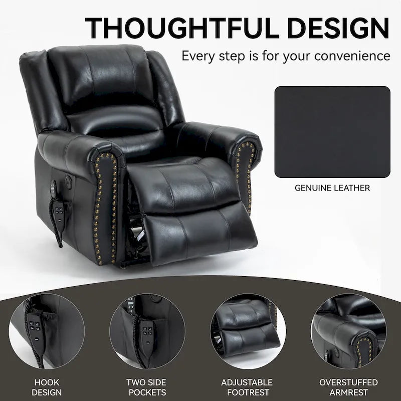 Fauteuil inclinable releveur avec double moteur, chauffage et massage, ports USB et inclinaison infinie