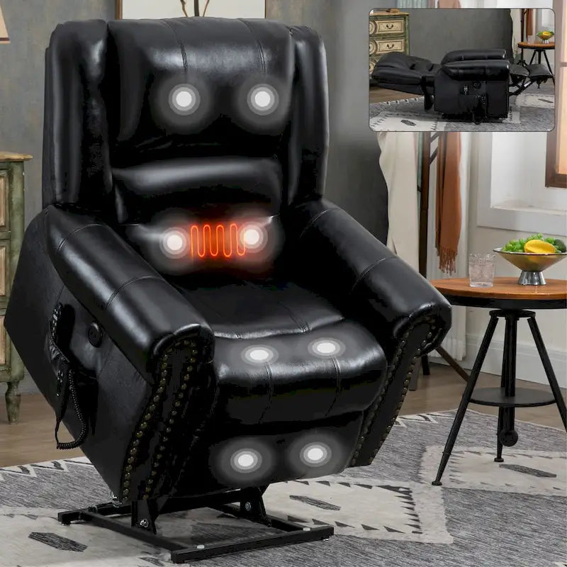 Fauteuil inclinable releveur avec double moteur, chauffage et massage, ports USB et inclinaison infinie