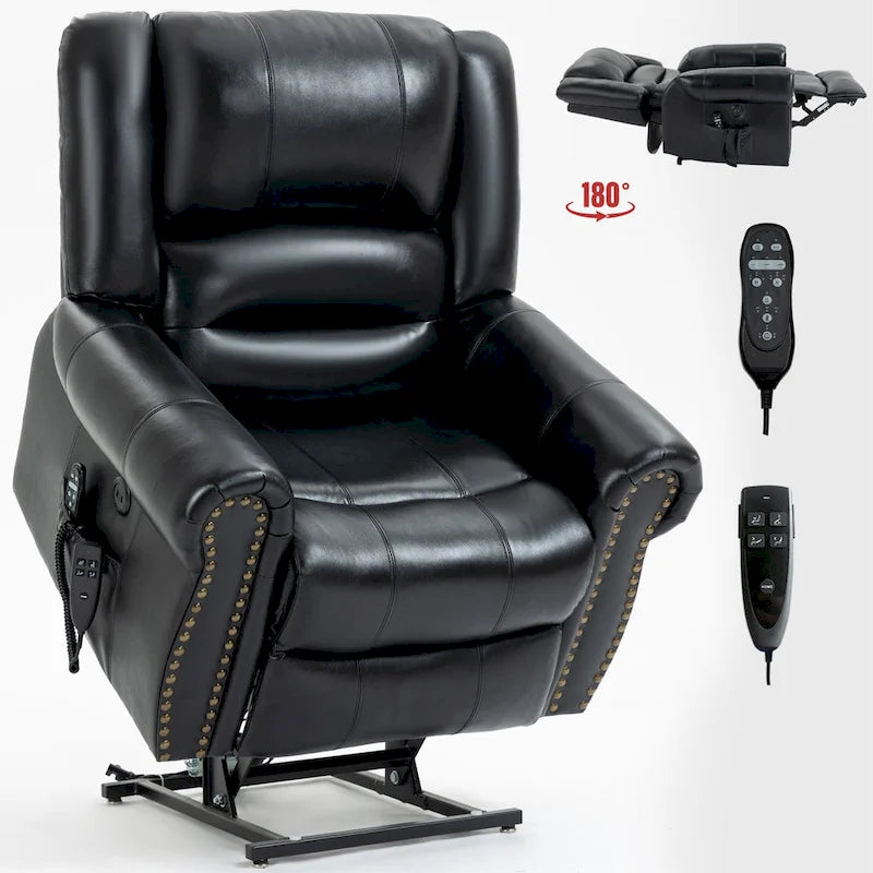 Fauteuil inclinable releveur avec double moteur, chauffage et massage, ports USB et inclinaison infinie