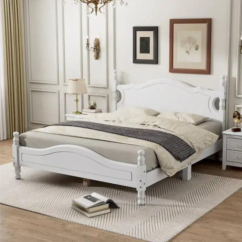 Lit plateforme en bois Queen size avec tête de lit de style vintage