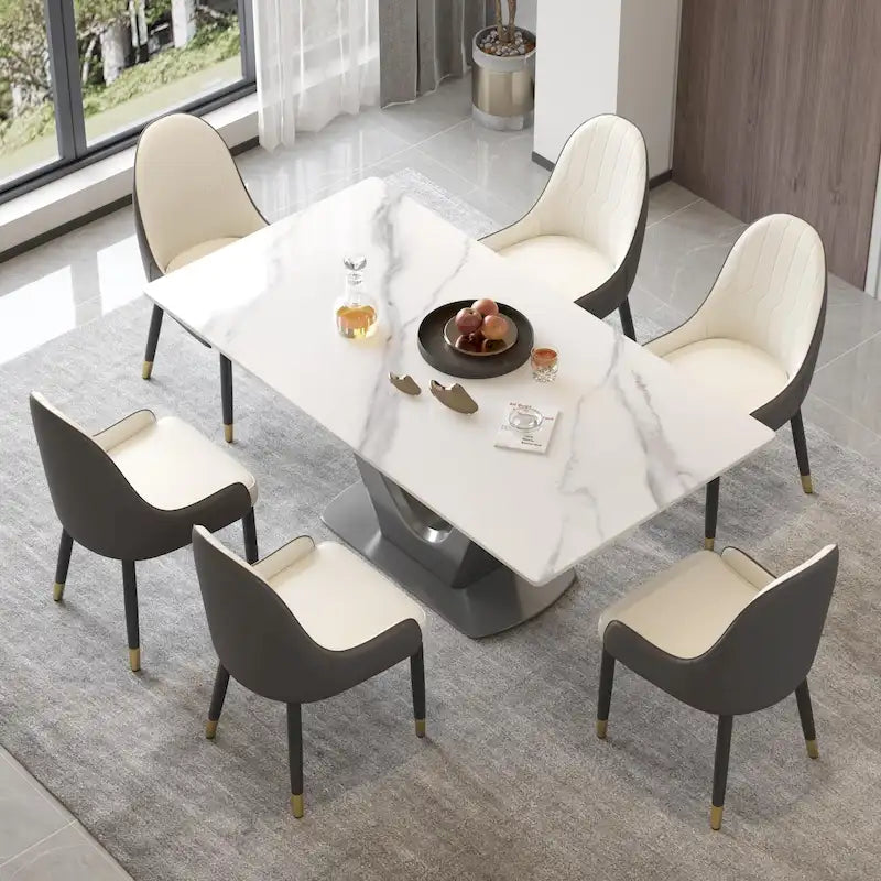Table à manger rectangulaire en pierre frittée avec piédestal en V en acier inoxydable