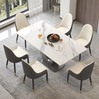 Table à manger rectangulaire en pierre frittée avec piédestal en V en acier inoxydable