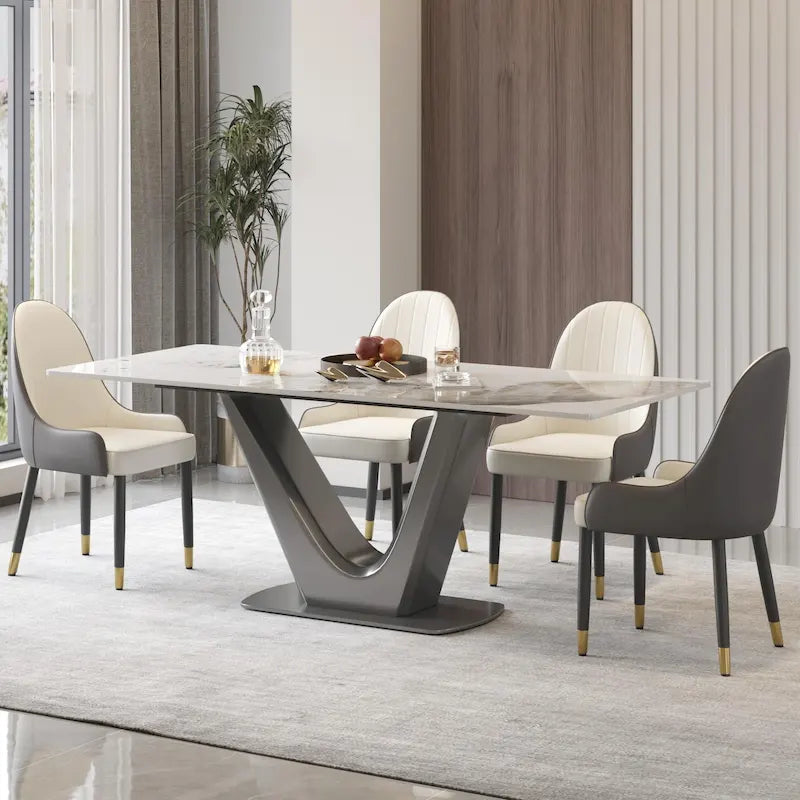 Table à manger rectangulaire en pierre frittée avec piédestal en V en acier inoxydable