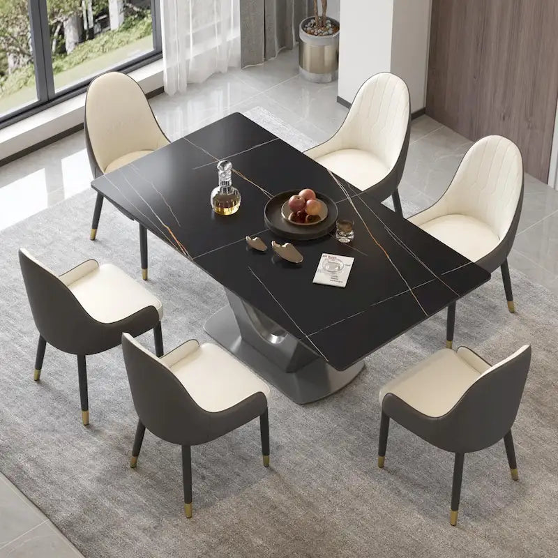 Table à manger rectangulaire en pierre frittée avec piédestal en V en acier inoxydable