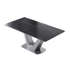 Table à manger rectangulaire en pierre frittée avec piédestal en V en acier inoxydable