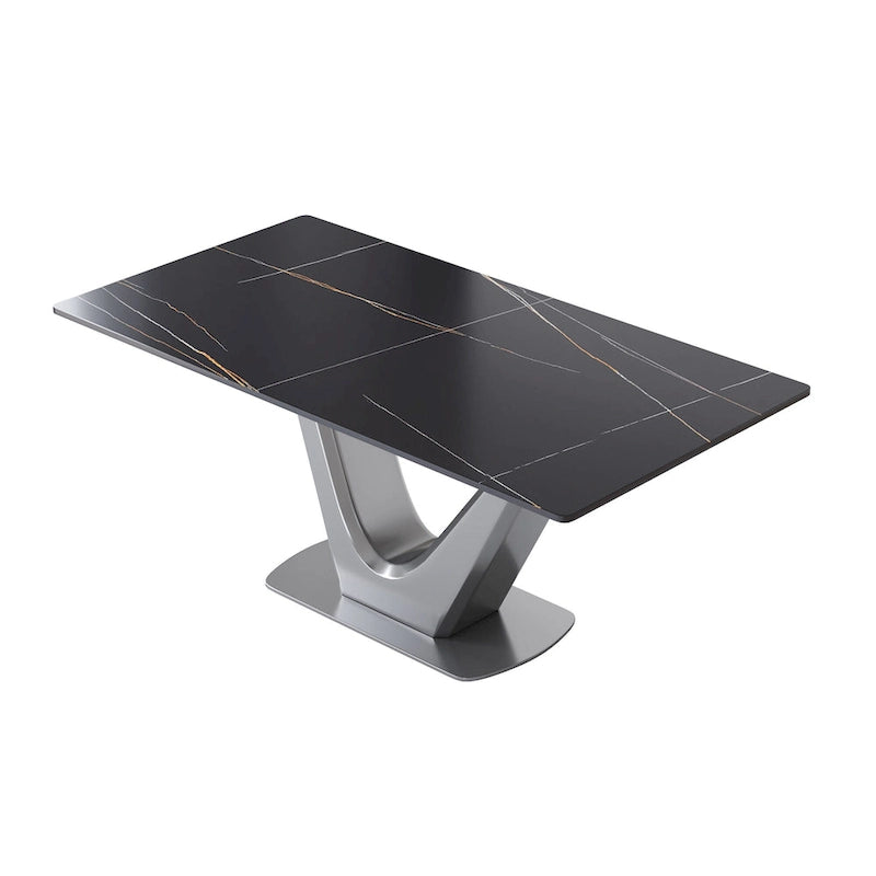 Table à manger rectangulaire en pierre frittée avec piédestal en V en acier inoxydable