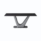 Table à manger rectangulaire en pierre frittée avec piédestal en V en acier inoxydable