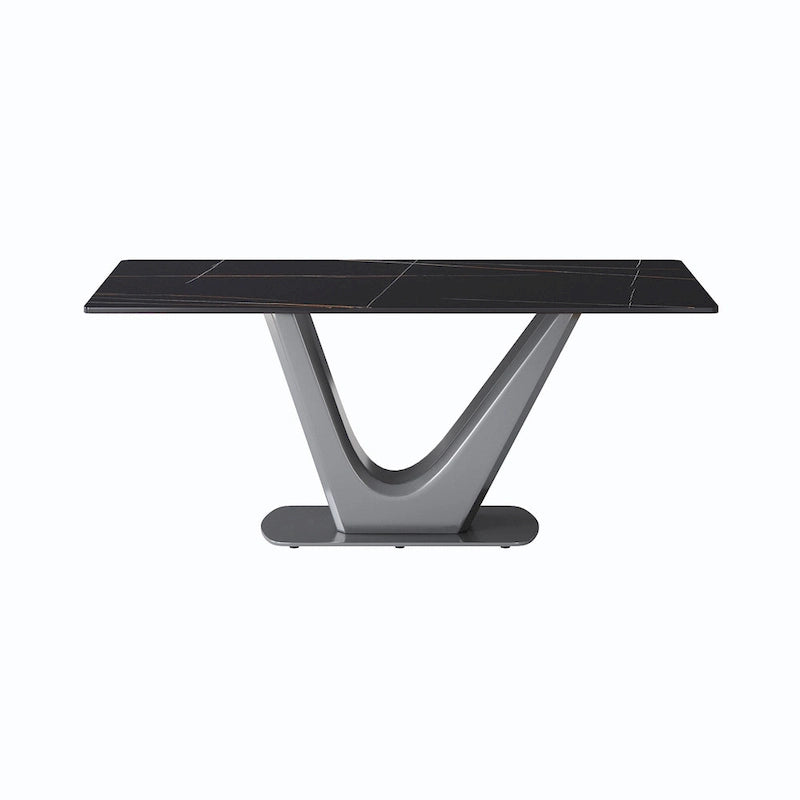 Table à manger rectangulaire en pierre frittée avec piédestal en V en acier inoxydable