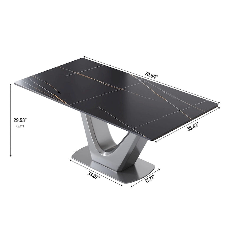 Table à manger rectangulaire en pierre frittée avec piédestal en V en acier inoxydable