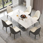 Table à manger rectangulaire en pierre frittée avec piédestal en V en acier inoxydable