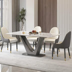 Table à manger rectangulaire en pierre frittée avec piédestal en V en acier inoxydable