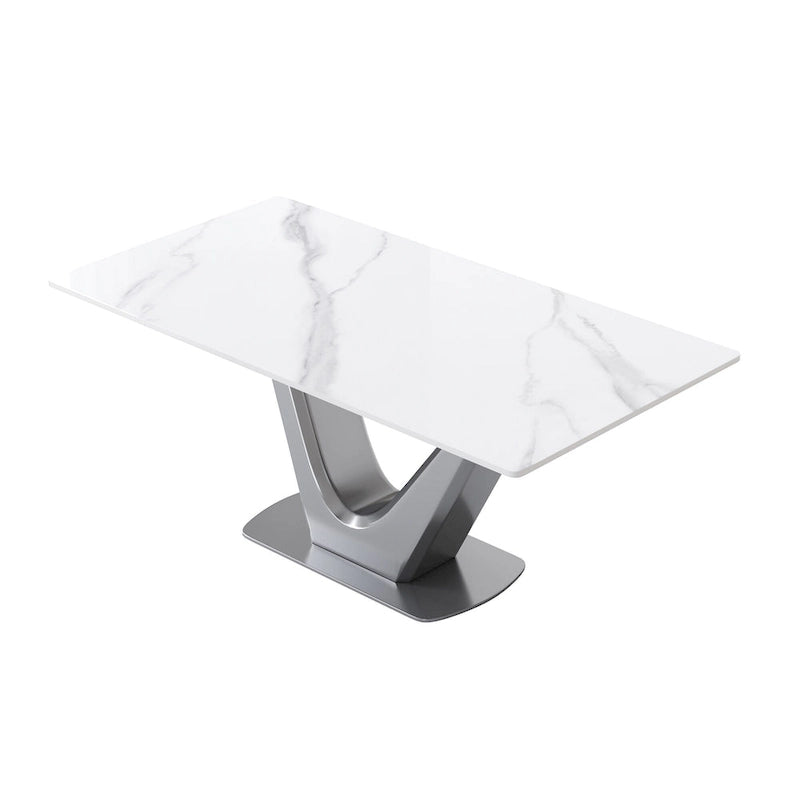 Table à manger rectangulaire en pierre frittée avec piédestal en V en acier inoxydable