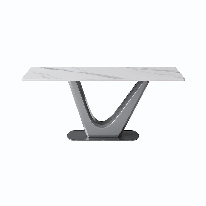 Table à manger rectangulaire en pierre frittée avec piédestal en V en acier inoxydable