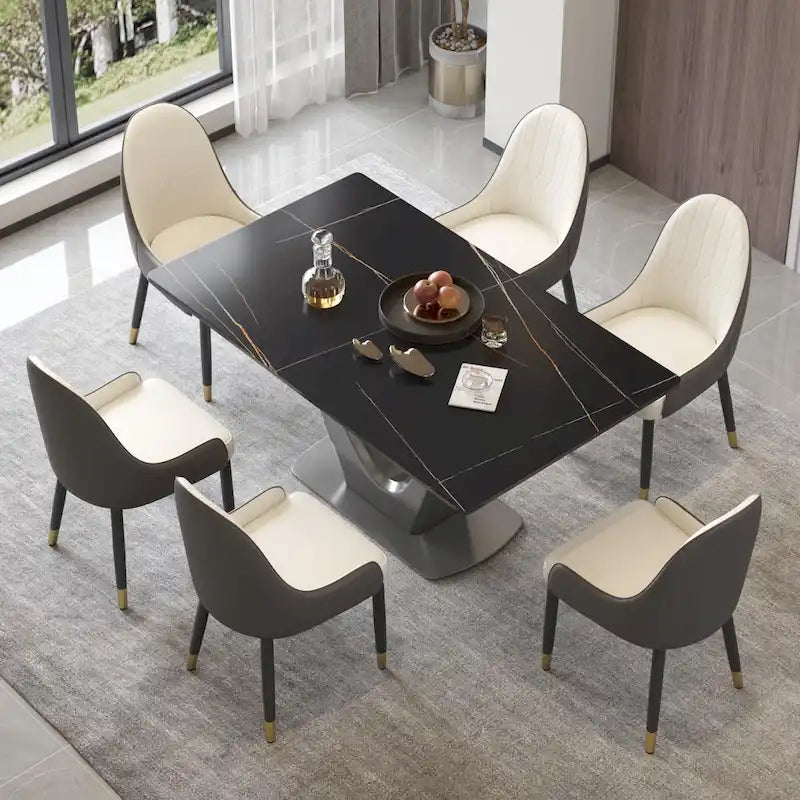 Table à manger rectangulaire en pierre frittée avec piédestal en V en acier inoxydable