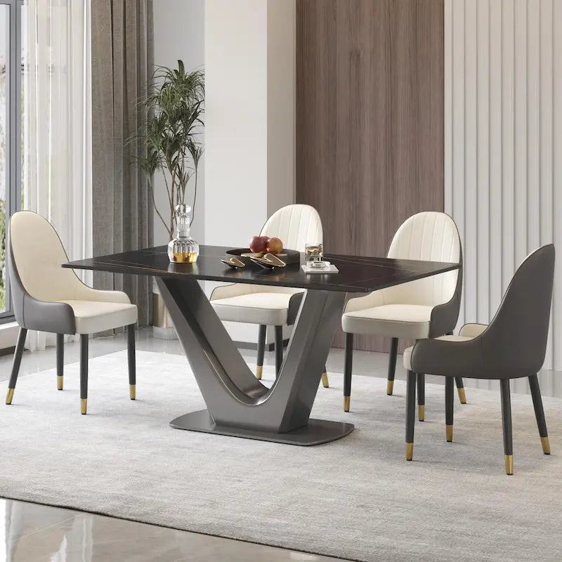 Table à manger rectangulaire en pierre frittée avec piédestal en V en acier inoxydable