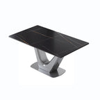 Table à manger rectangulaire en pierre frittée avec piédestal en V en acier inoxydable