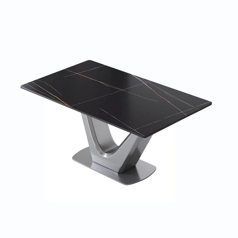 Table à manger rectangulaire en pierre frittée avec piédestal en V en acier inoxydable