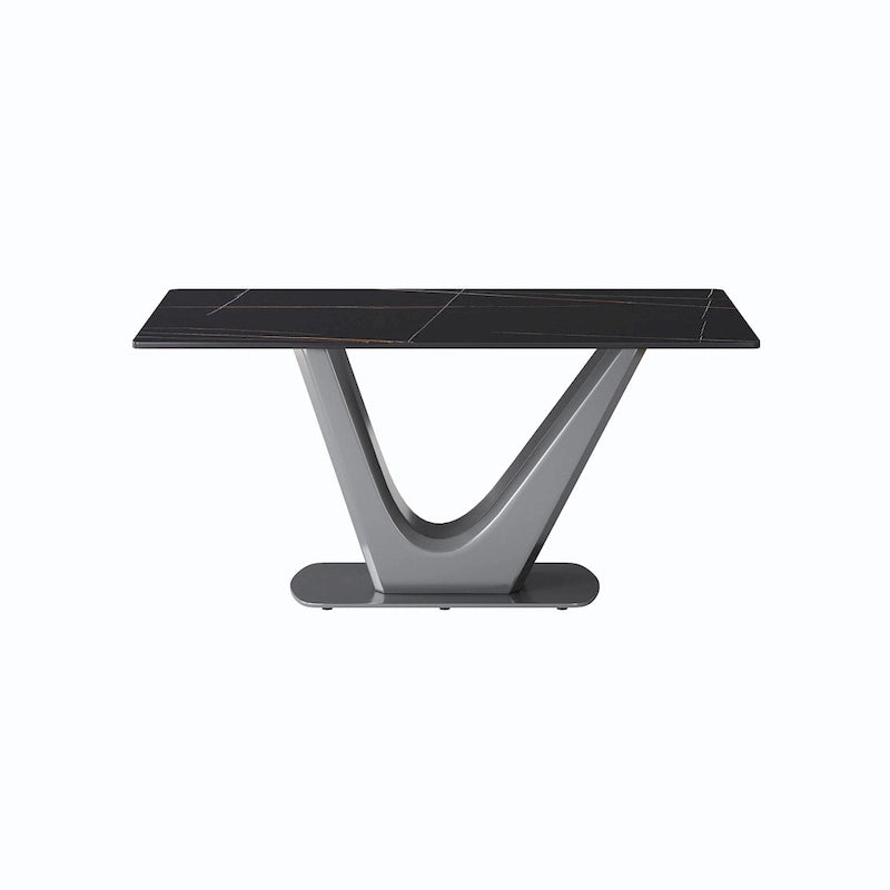 Table à manger rectangulaire en pierre frittée avec piédestal en V en acier inoxydable