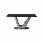 Table à manger rectangulaire en pierre frittée avec piédestal en V en acier inoxydable