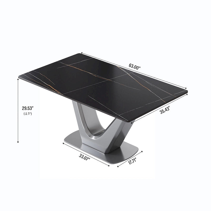 Table à manger rectangulaire en pierre frittée avec piédestal en V en acier inoxydable