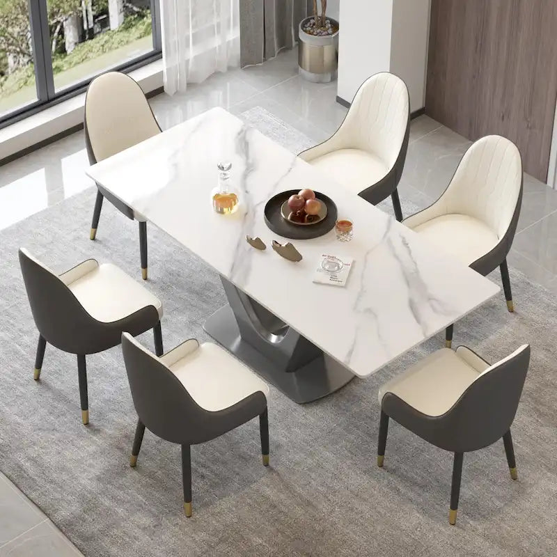 Table à manger rectangulaire en pierre frittée avec piédestal en V en acier inoxydable