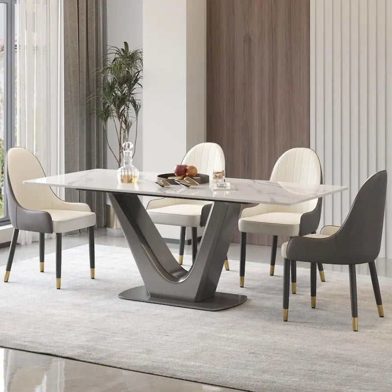 Table à manger rectangulaire en pierre frittée avec piédestal en V en acier inoxydable