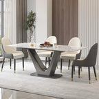 Table à manger rectangulaire en pierre frittée avec piédestal en V en acier inoxydable