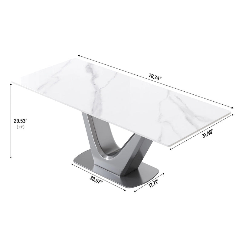 Table à manger rectangulaire en pierre frittée avec piédestal en V en acier inoxydable
