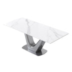 Table à manger rectangulaire en pierre frittée avec piédestal en V en acier inoxydable