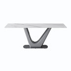 Table à manger rectangulaire en pierre frittée avec piédestal en V en acier inoxydable