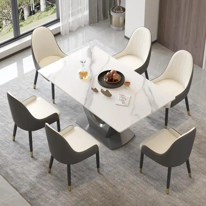 Table à manger rectangulaire en pierre frittée avec piédestal en V en acier inoxydable