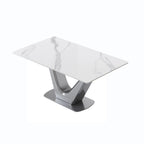Table à manger rectangulaire en pierre frittée avec piédestal en V en acier inoxydable