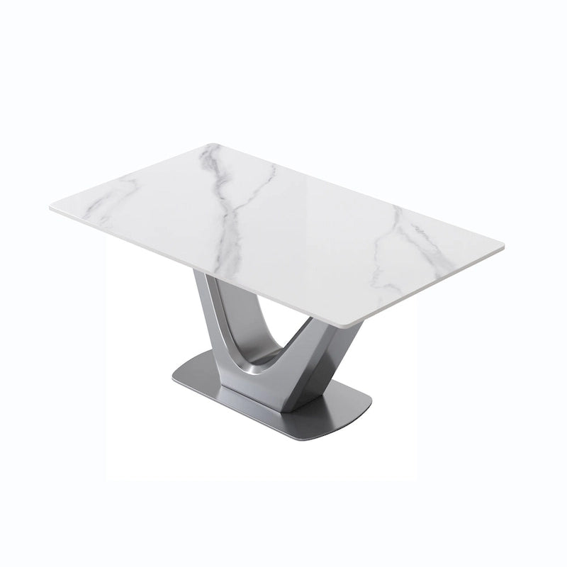 Table à manger rectangulaire en pierre frittée avec piédestal en V en acier inoxydable