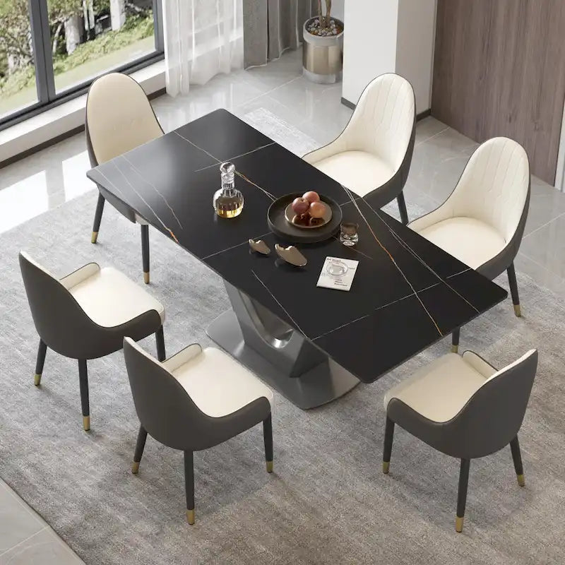 Table à manger rectangulaire en pierre frittée avec piédestal en V en acier inoxydable
