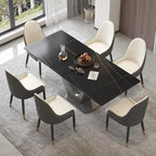 Table à manger rectangulaire en pierre frittée avec piédestal en V en acier inoxydable