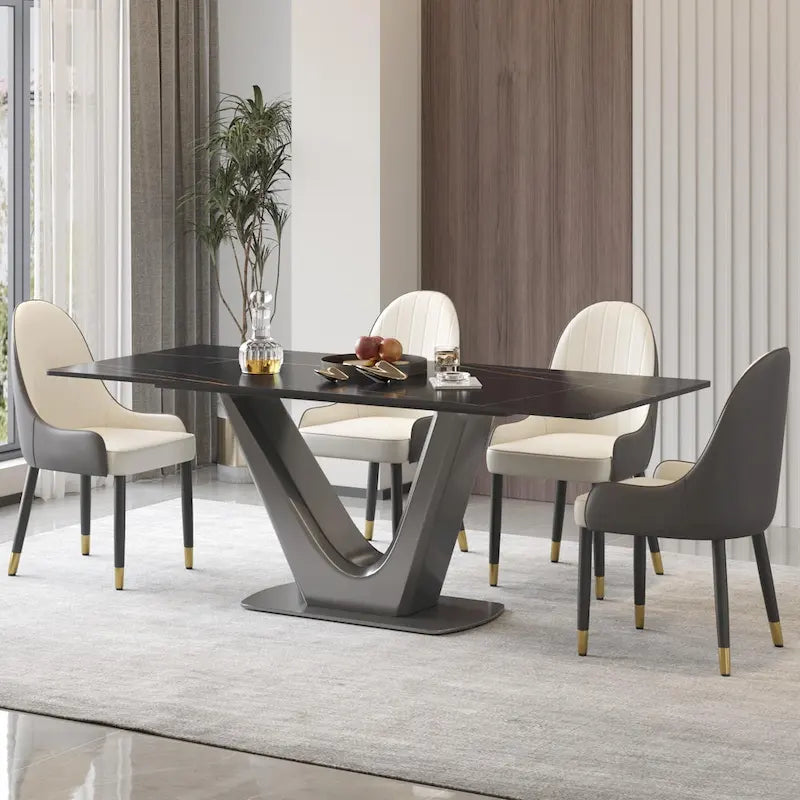 Table à manger rectangulaire en pierre frittée avec piédestal en V en acier inoxydable