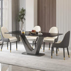 Table à manger rectangulaire en pierre frittée avec piédestal en V en acier inoxydable