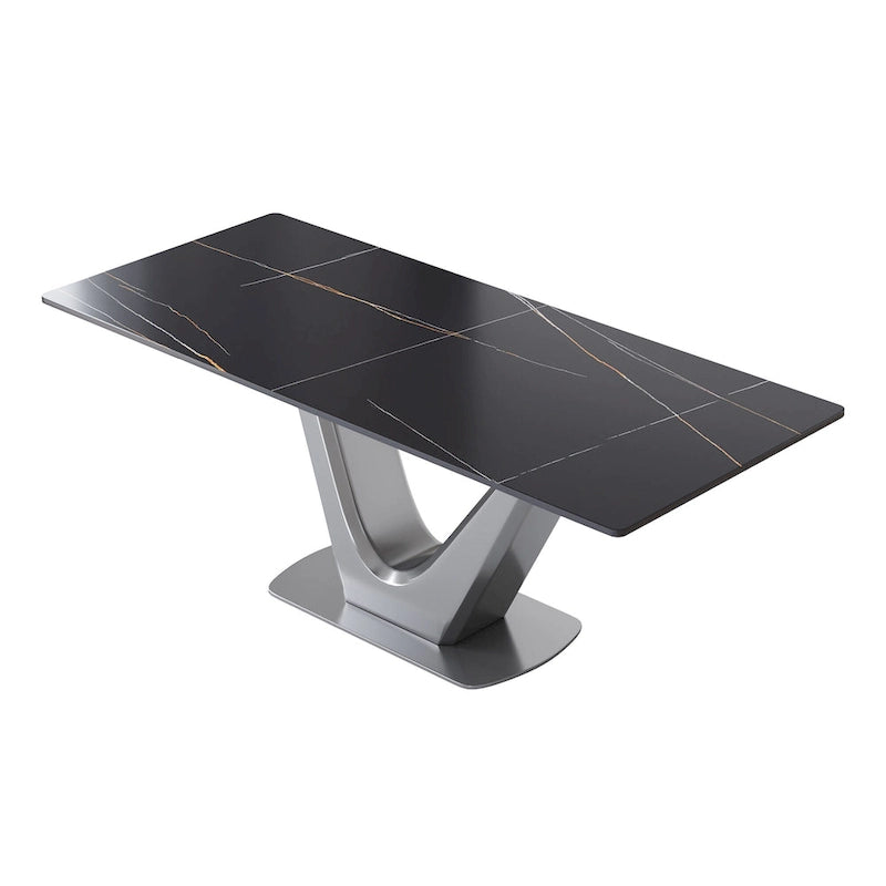 Table à manger rectangulaire en pierre frittée avec piédestal en V en acier inoxydable