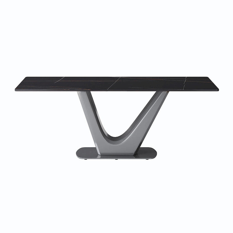 Table à manger rectangulaire en pierre frittée avec piédestal en V en acier inoxydable