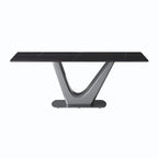 Table à manger rectangulaire en pierre frittée avec piédestal en V en acier inoxydable