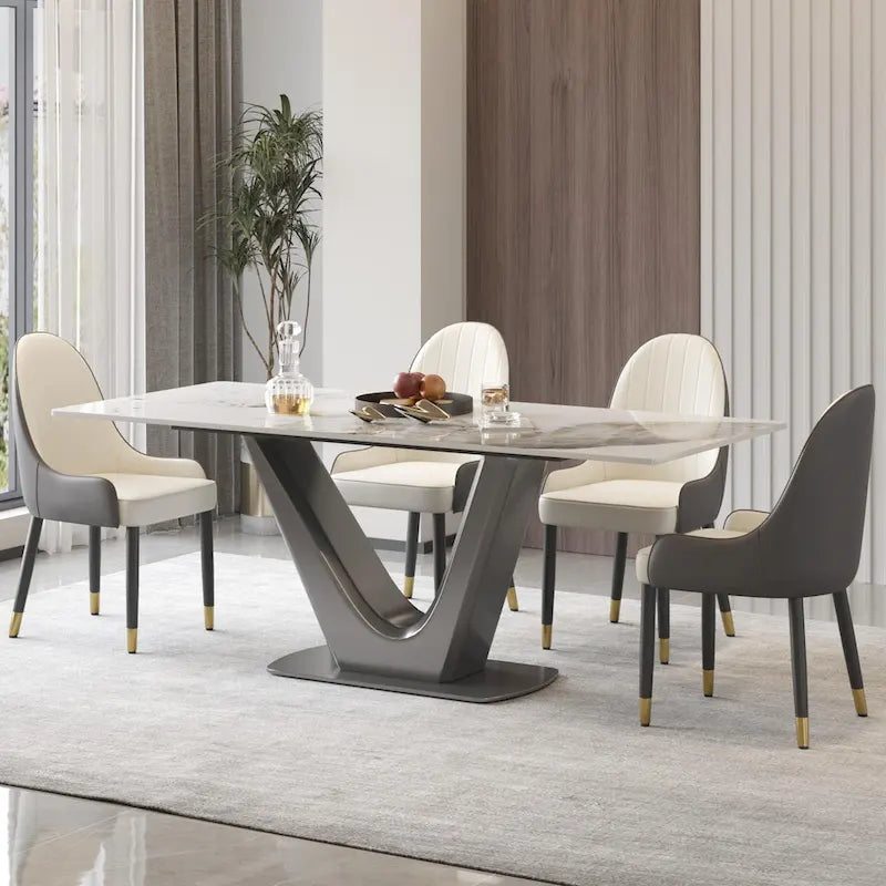 Table à manger rectangulaire en pierre frittée avec piédestal en V en acier inoxydable