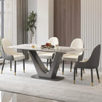 Table à manger rectangulaire en pierre frittée avec piédestal en V en acier inoxydable