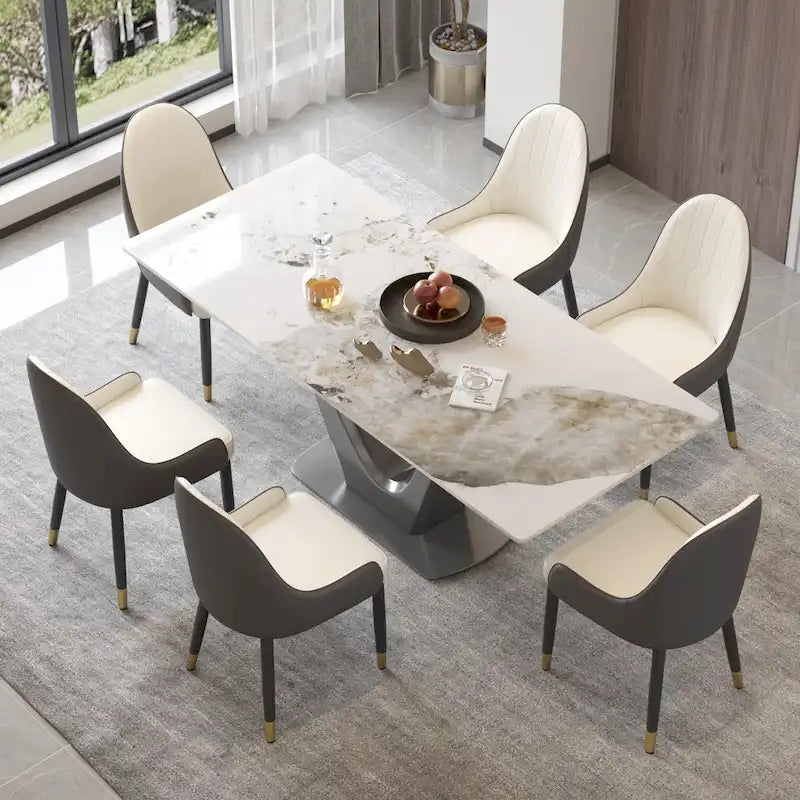 Table à manger rectangulaire en pierre frittée avec piédestal en V en acier inoxydable