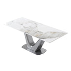 Table à manger rectangulaire en pierre frittée avec piédestal en V en acier inoxydable