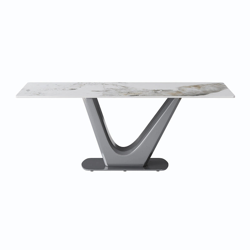 Table à manger rectangulaire en pierre frittée avec piédestal en V en acier inoxydable