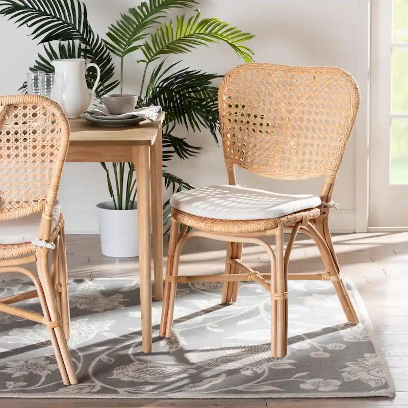 Chaise de salle à manger en rotin naturel avec coussin amovible
