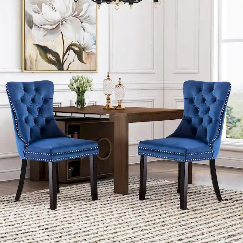 Lot de 2 chaises de salle à manger en velours avec dossier capitonné, clous décoratifs et pieds en bois massif