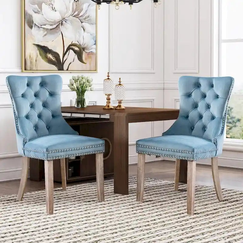 Lot de 2 chaises de salle à manger en velours avec dossier capitonné, clous décoratifs et pieds en bois massif