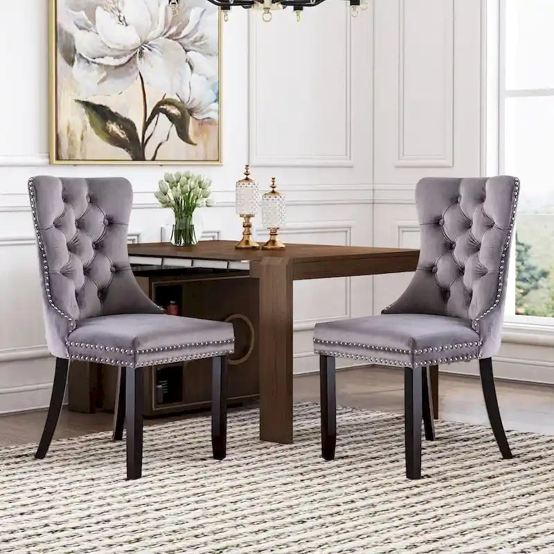 Lot de 2 chaises de salle à manger en velours avec dossier capitonné, clous décoratifs et pieds en bois massif