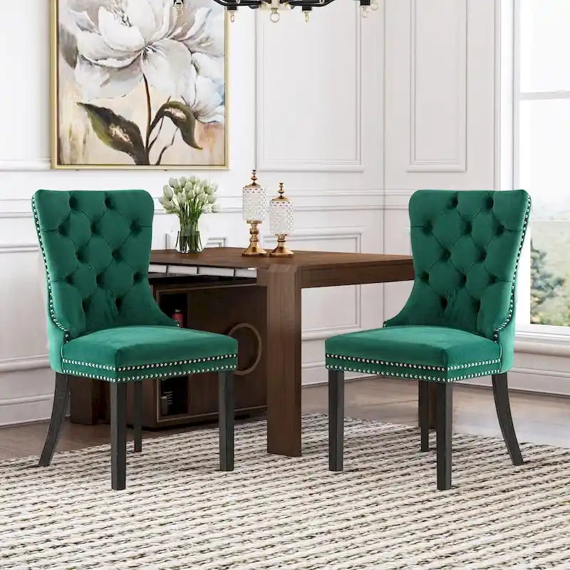 Lot de 2 chaises de salle à manger en velours avec dossier capitonné, clous décoratifs et pieds en bois massif
